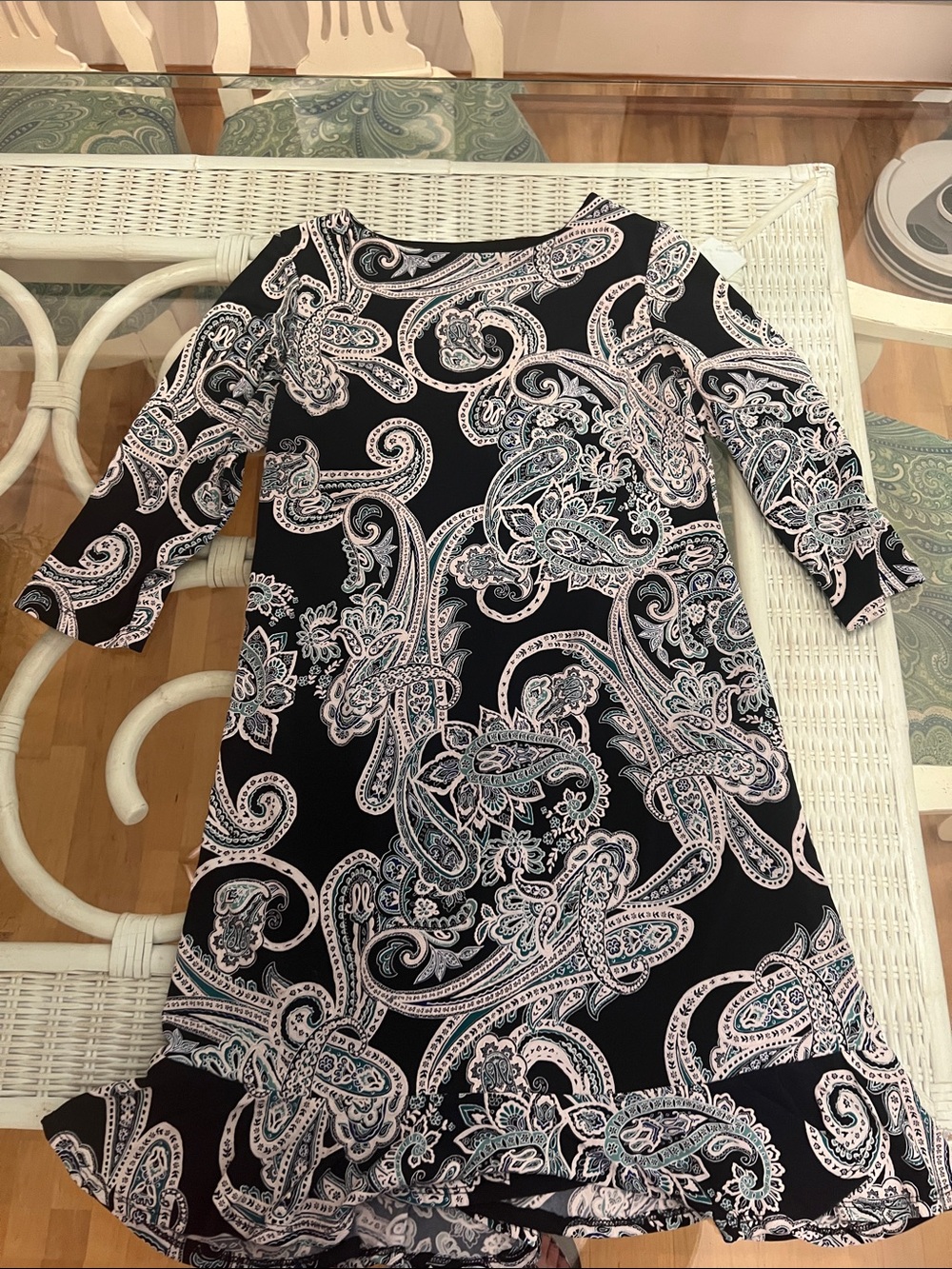 Sandra Darren Black Paisley-Print A-Line Dress with White and Light Blue Accents